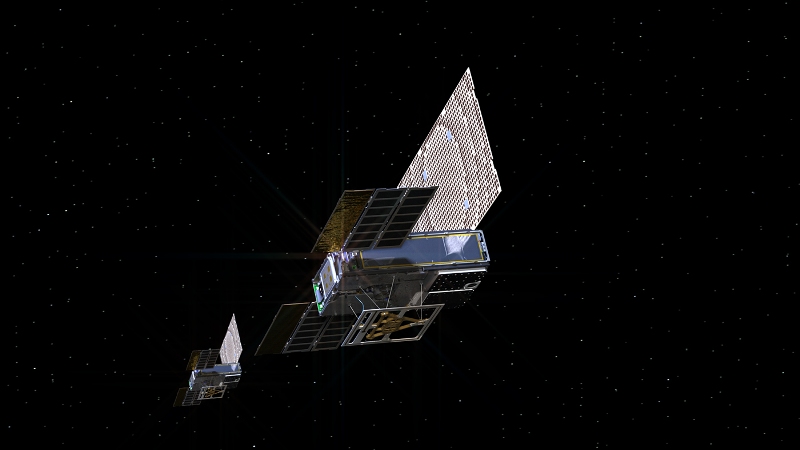 A rendering of the twin Mars Cube One (MarCO) spacecraft as they fly through deepspace