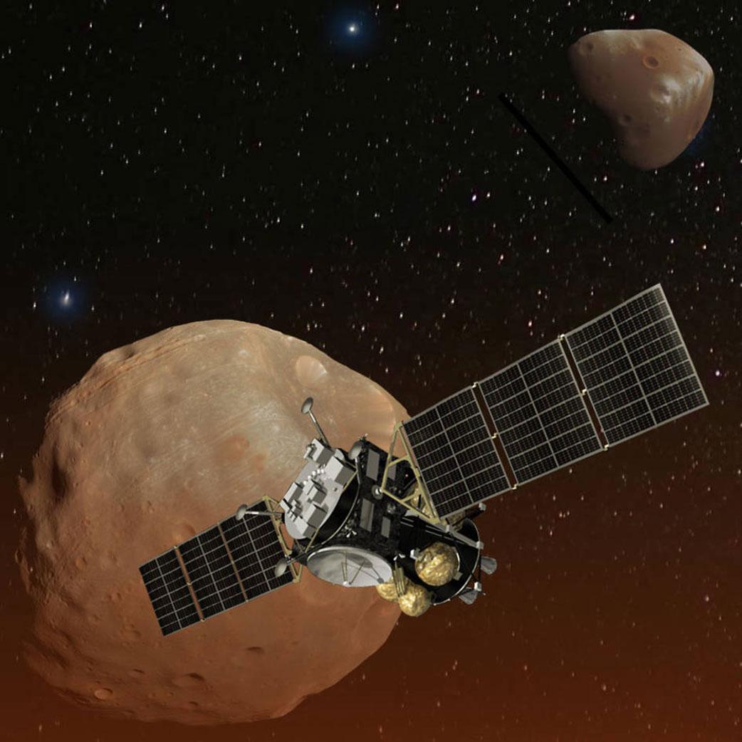 Artist’s concept of Japan’s Mars Moons eXploration (MMX) spacecraft, carrying a NASA instrument to study the Martian moons Phobos and Deimos.