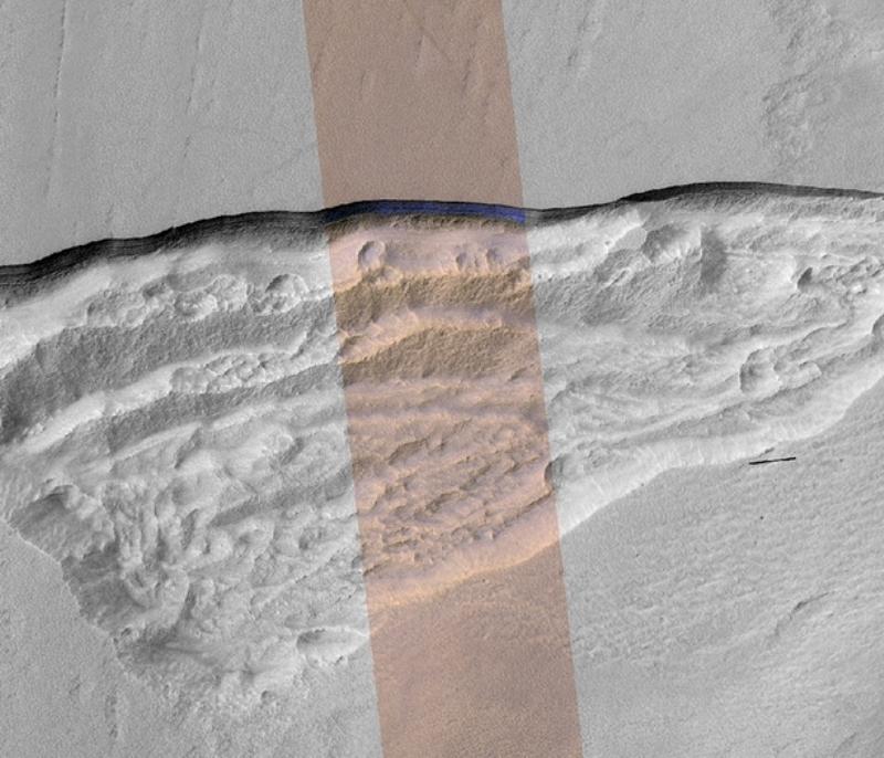 A cross-section of underground ice is exposed at the steep slope that appears bright blue in this enhanced-color view from the HiRISE camera on NASA's Mars Reconnaissance Orbiter